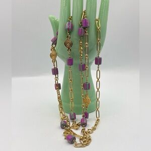 Vintage Mod Opera Length Necklace with Unique Orchid and Green Beads